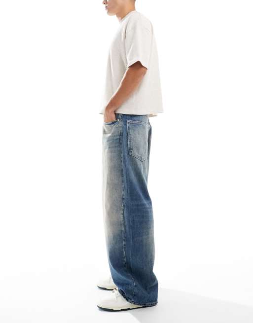 Pull&Bear super baggy fit jeans in heavy washed dark blue