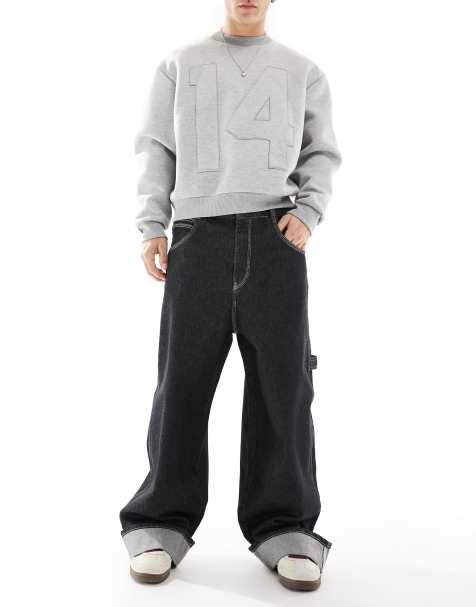 Pull&Bear super baggy fit roll up jeans in black - view 1