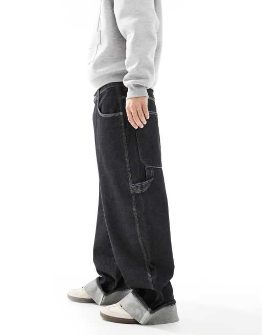 Pull&Bear super baggy fit roll up jeans in black ASOS