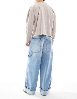 Pull & Bear Super Baggy Fit Roll-up Jeans In Blue