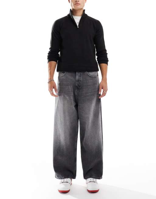 Pull&Bear - Super baggy jeans in donkergrijs met zware wassing