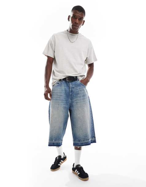 Pull&Bear super baggy raw hem jorts in mid blue - view 1