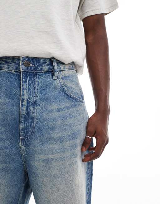 Pull&Bear super baggy raw hem jorts in mid blue