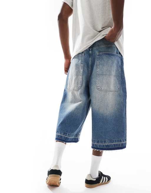 Pull&Bear super baggy raw hem jorts in mid blue