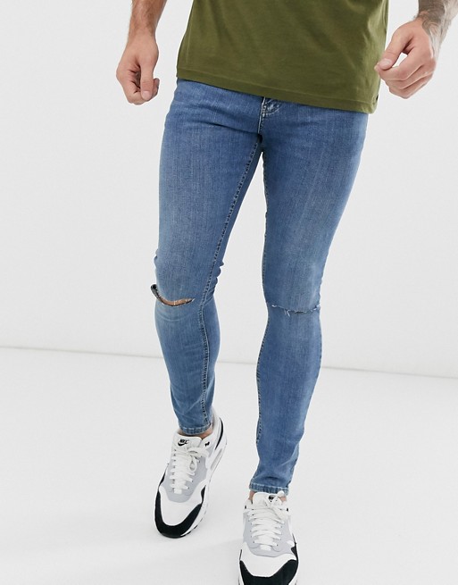 Pull&Bear super skinny jeans in blue with knee rip
