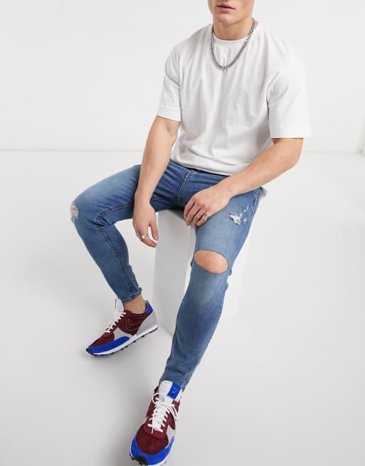 Pull&Bear super skinny jeans with knee rip in light wash blue