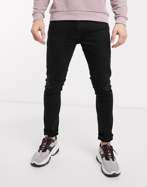 Pull&Bear super skinny jeans with knee rips in black | ASOS