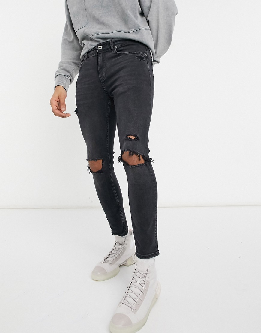 Pull & Bear Super Skinny Jeans With Rips In Washed Black-Blues