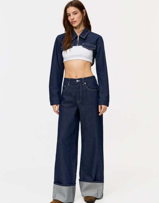 Pull&Bear super wide leg cuffed hem jeans in blue
