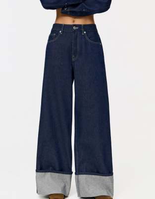 Pull & Bear Super Wide Leg Jeans With Cuffed Hems In Blue