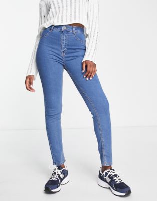 Pull & Bear - Superenge Jeans in Mittelblau mit hohem Bund