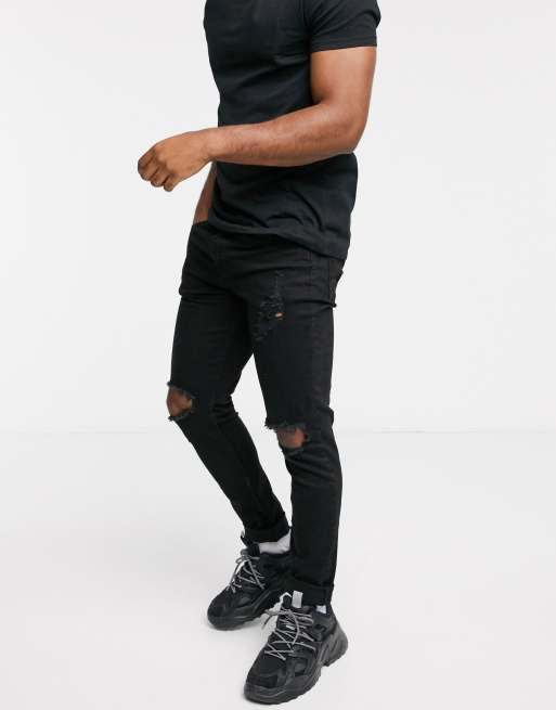 Pull&Bear – Superenge Jeans mit Rissen in Schwarz
