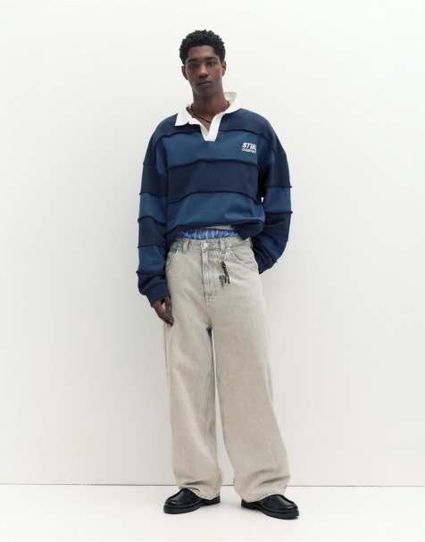 Pull&Bear – Superweite Jeans in Blassgrau mit Stickerei - view 1