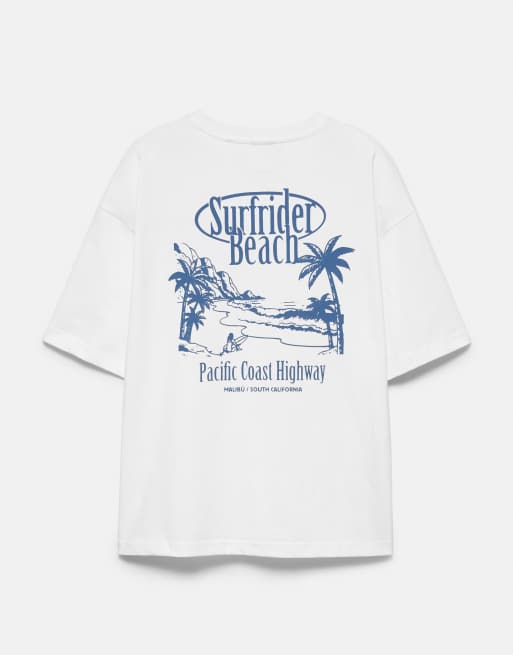 Pull&Bear Surfrider strand T-shirt in wit, 4 van 4