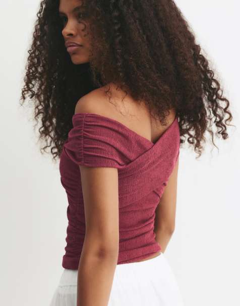 Pull&Bear Surplice bardot neckline top in burgundy - view 1