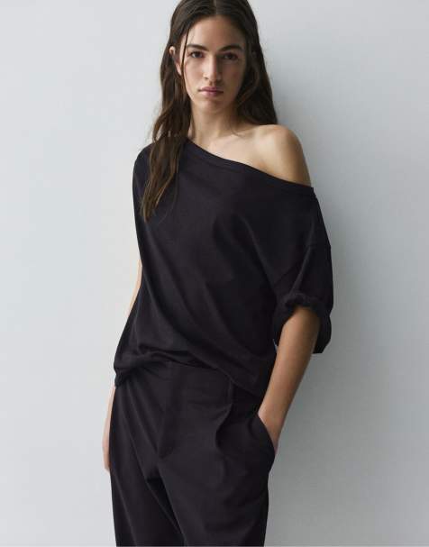 Pull&Bear – Svart, asymmetrisk t-shirt med korta ärmar - view 1