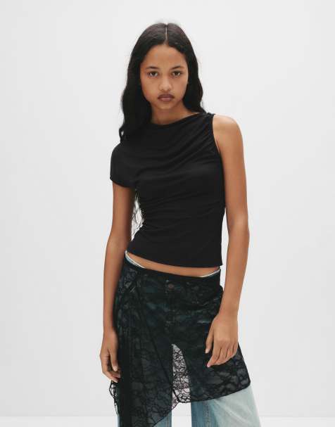 Pull&Bear – Svart, asymmetrisk topp med rynkning - view 1