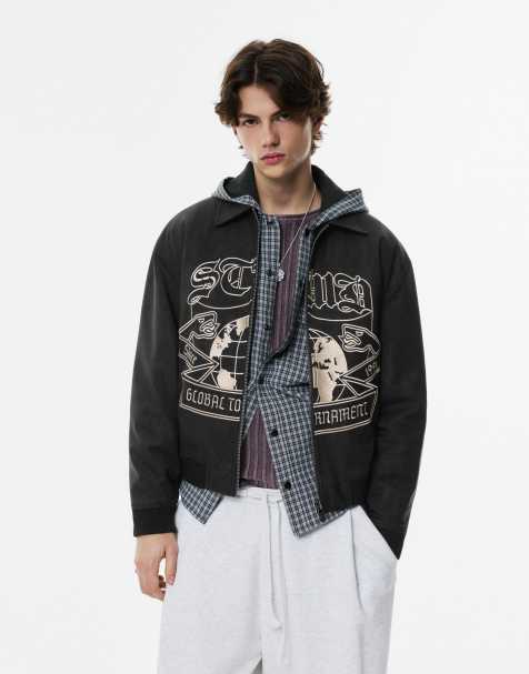 Pull&Bear – Svart bomberjacka med broderi och lädereffekt - view 1