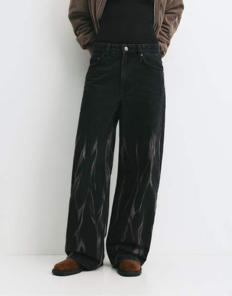 Pull&Bear – Svart, extra baggy jeans med eldsflammor - view 1