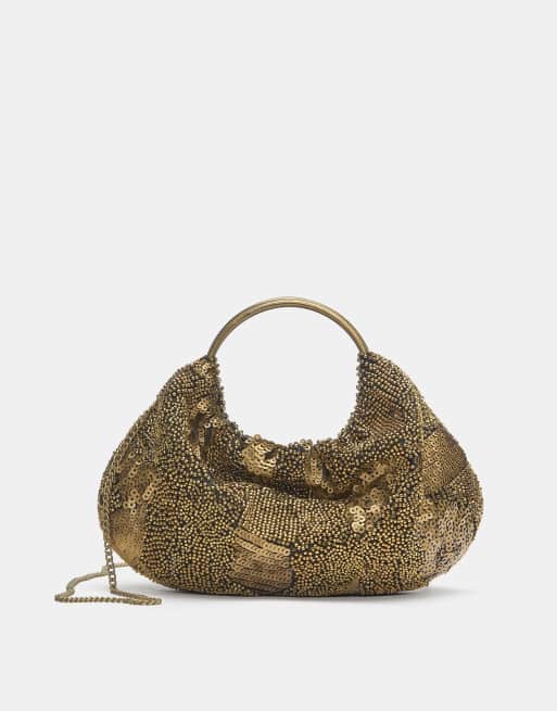 Pull&Bear – Svart handväska med metallhandtag och pärlor