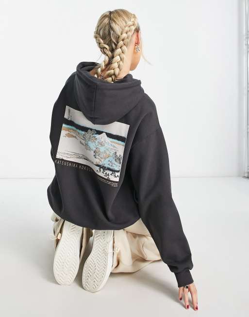 Pull&Bear – Svart huvtröja i oversize med Hokusai-tryck