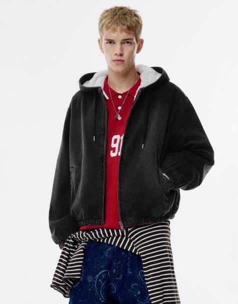 Pull&Bear – Svart jeansjacka med huva, dragkedja och fuskpälsfoder - view 1