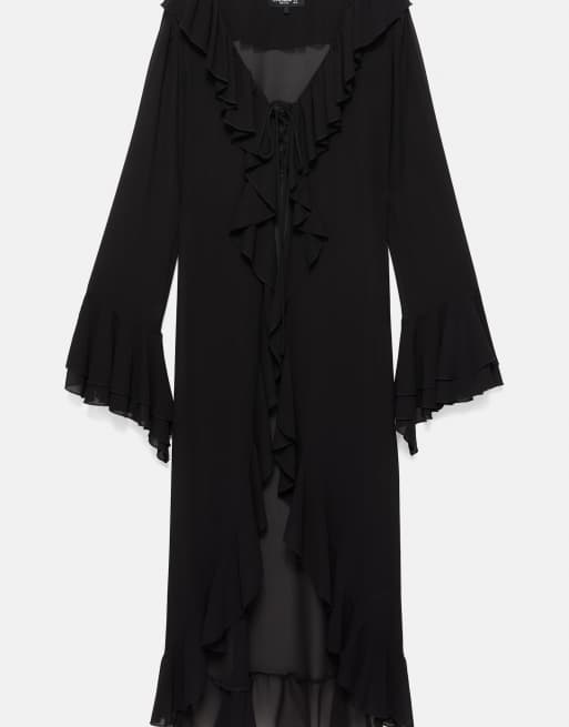 Pull&Bear – Svart, lång kimono med volang, 6 av 7