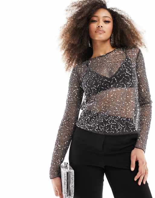 Pull&Bear – Svart paljettytsmyckad topp med djup ringning baktill