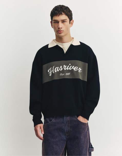 Pull&Bear – Svart pikétröja med långa ärmar, panel och 'Hasriver'-tryck - view 1