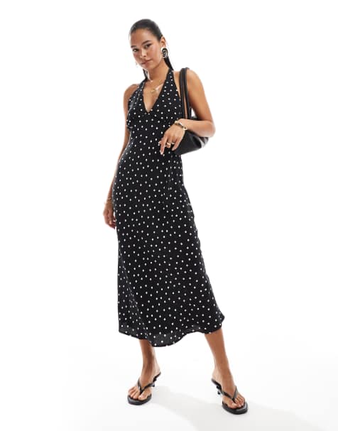 Pull&Bear – Svart, prickig midiklänning med halterneck - view 1