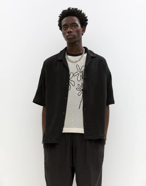 Pull&Bear – Svart, rustik skjorta med korta ärmar - view 1