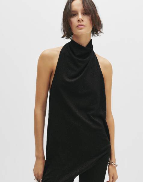 Pull&Bear – Svart, skimrande topp med halterneck - view 1