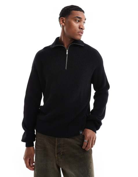 Pull&Bear – Svart, stickad tröja med 1/4-lång dragkedja - view 1