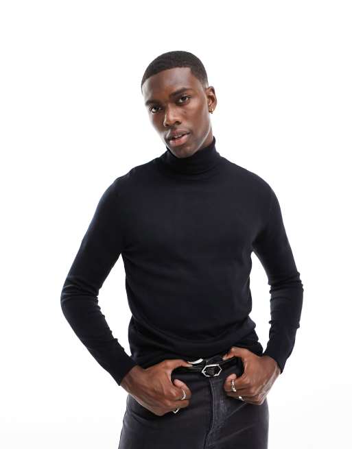 Pull&Bear – Svart stickad tröja med polokrage 