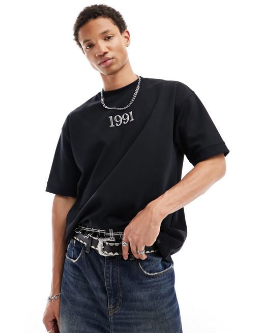 Pull&Bear – Svart t-shirt med 1991-tryck