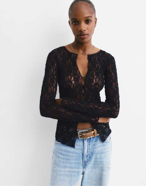 Pull&Bear – Svart t-shirt med långa ärmar i spets - view 1