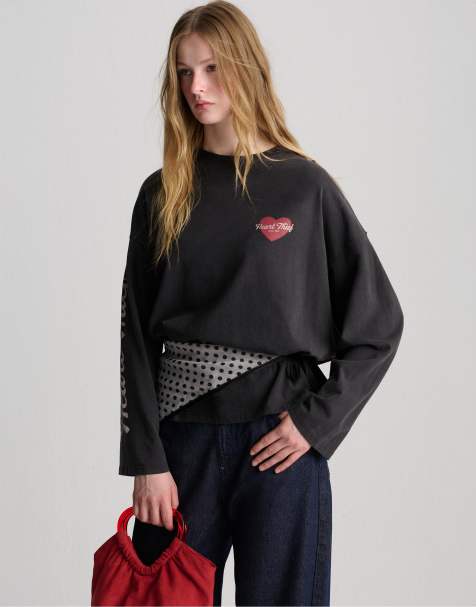 Pull&Bear – Svart t-shirt med långa ärmar och tryck - view 1