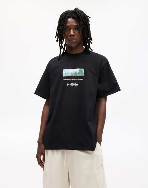 Pull&Bear – Svart t-shirt med Van Goghs "Vetefält med cypresser"-tryck - view 1