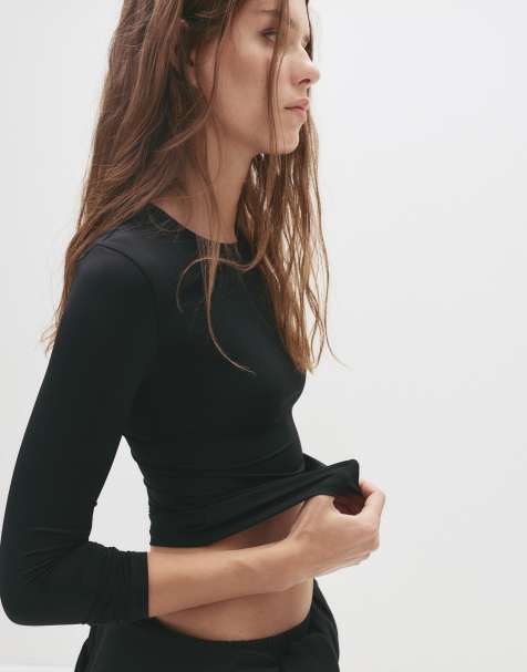 Pull&Bear – Svart topp i polyamid med långa ärmar - view 1