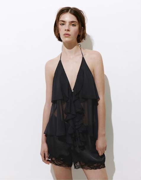 Pull&Bear – Svart topp med halterneck och volanger - view 1