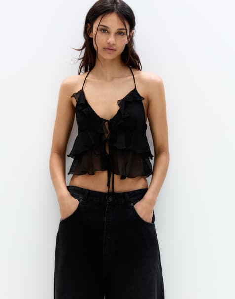 Pull&Bear – Svart topp med volang och rosett - view 1