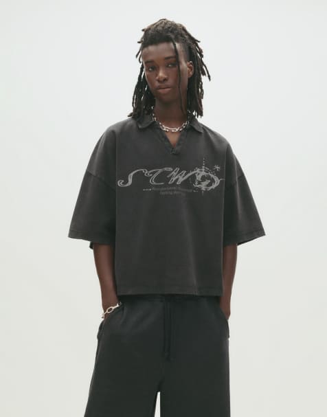Pull&Bear – Svart, tvättad pikétröja med STWD-logga - view 1