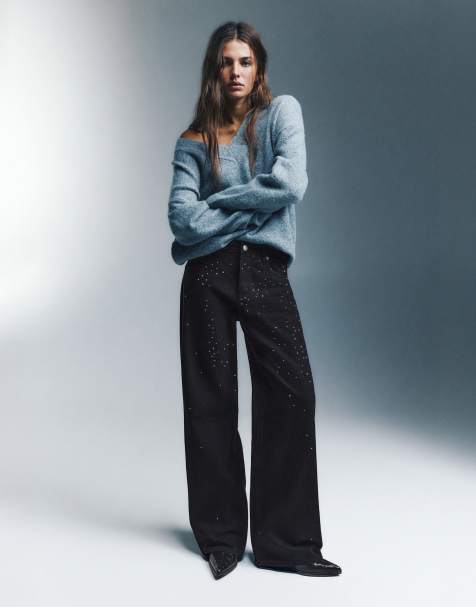 Pull&Bear – Svarta, baggy jeans med raka ben och strass - view 1