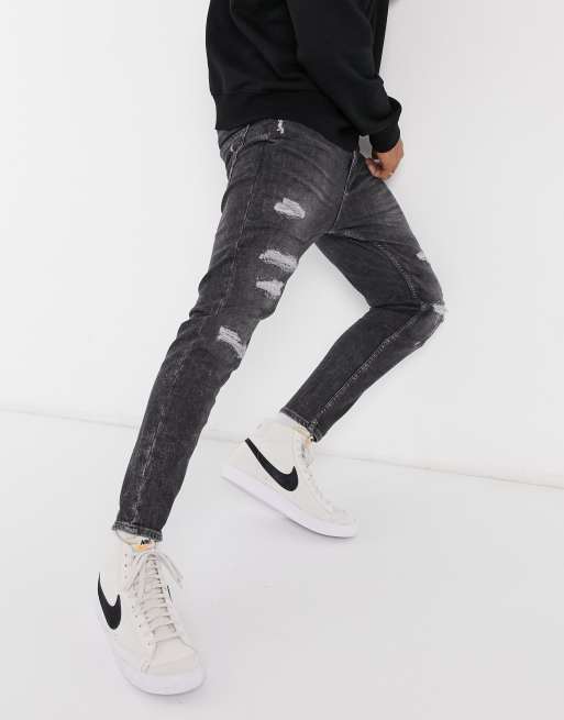 Pull&Bear – Svarta carrot fit jeans med revor