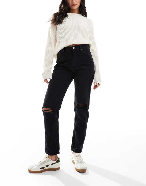 Pull&Bear – Svarta jeans i "mom jean"-modell med revor - view 1
