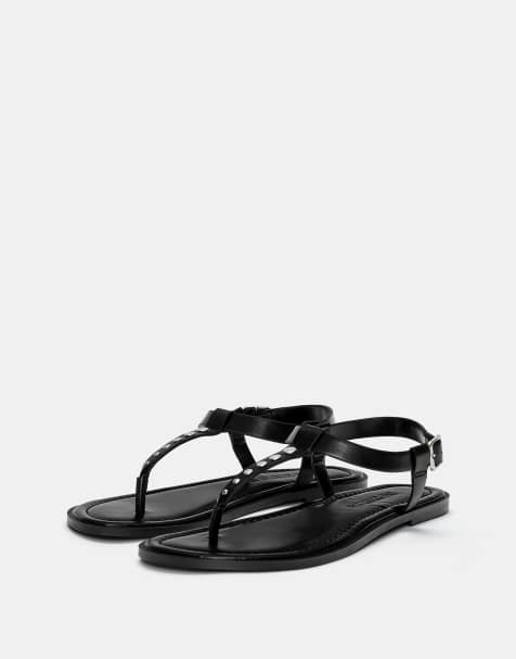 Pull&Bear – Svarta, platta sandaler med utsmyckning - view 1