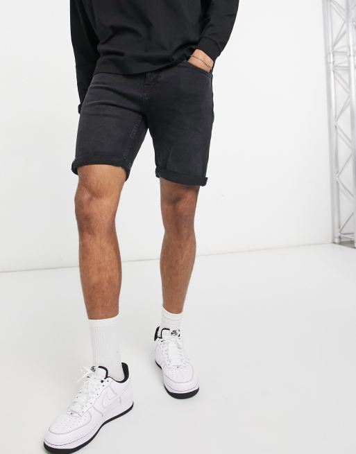 Pull&Bear – Svarta shorts med smal passform, tvättad finish och löstagbar plånbok