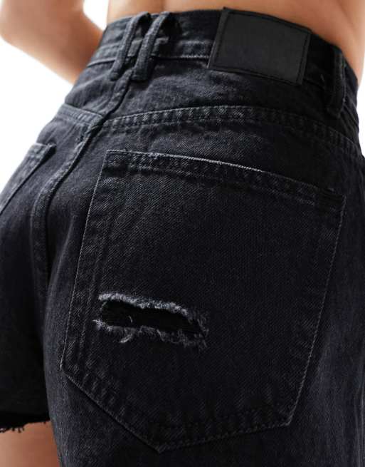 Pull&Bear – Svarta slitna jeansshorts i mom-modell med hög midja, 3 av 5