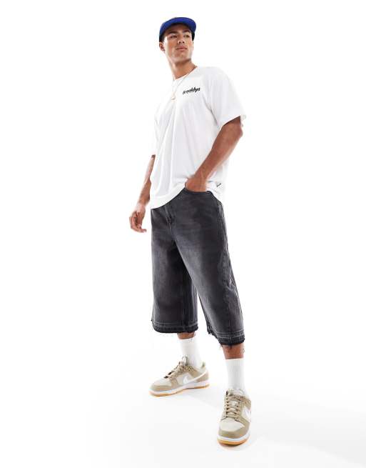 Pull&Bear – Svarta, slitna, långa jeansshorts med extra baggy passform