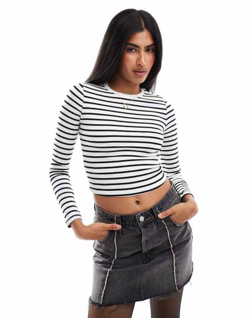 Pull&Bear – Svartvit, randig t-shirt med långa ärmar